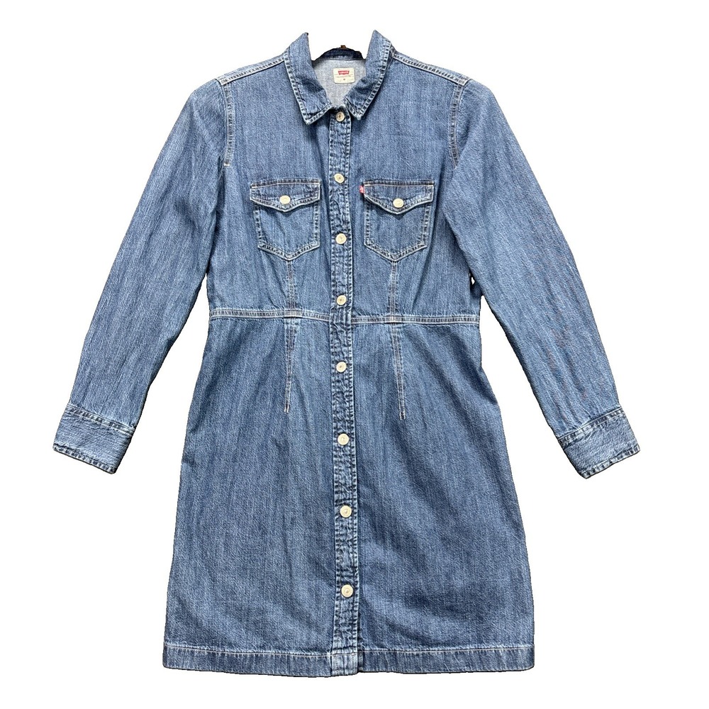 Levi's Shirt Dress Womens Medium Blue Denim Long Sleeve Snap Button Front Casual